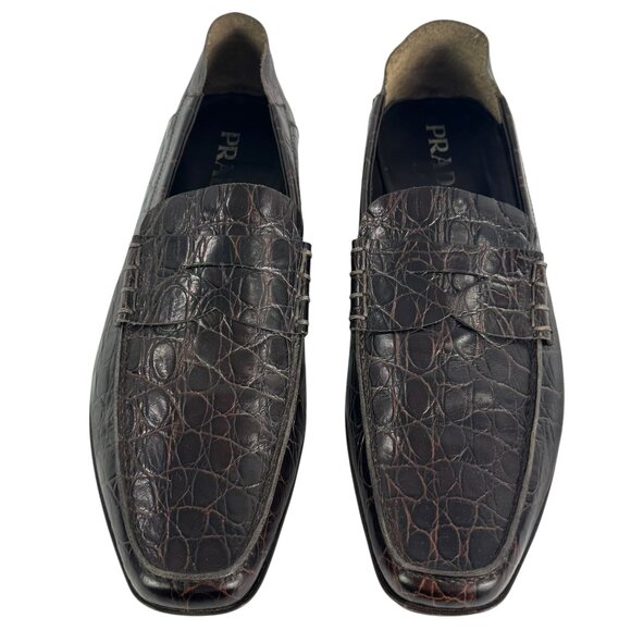 PRADA Dark Brown Croc Embossed Calfskin Men's Loafers Made in Italy 9UK - 10US - Picture 1 of 13
